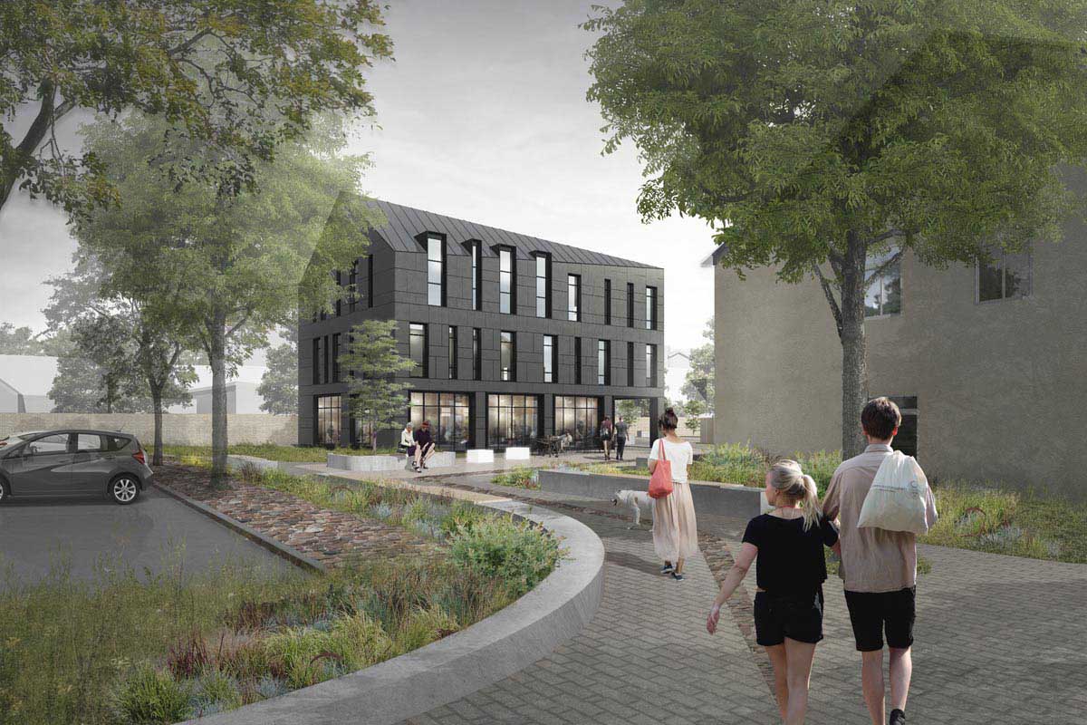 Publiskas biroju ēkas 3D arhitektūras projekts ar pelēku plākšnu fasādes apdari Platā iela 8 Ventspils